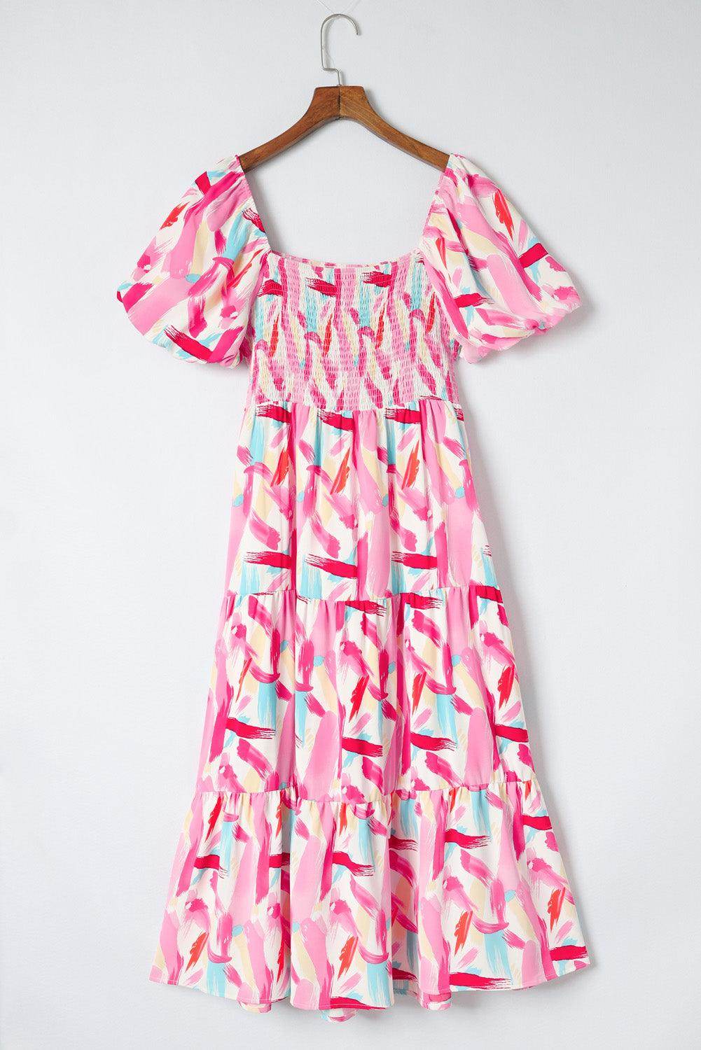 Chic Printed Square Neck Tied Smocked Dress for Women