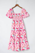 Chic Printed Square Neck Tied Smocked Dress for Women