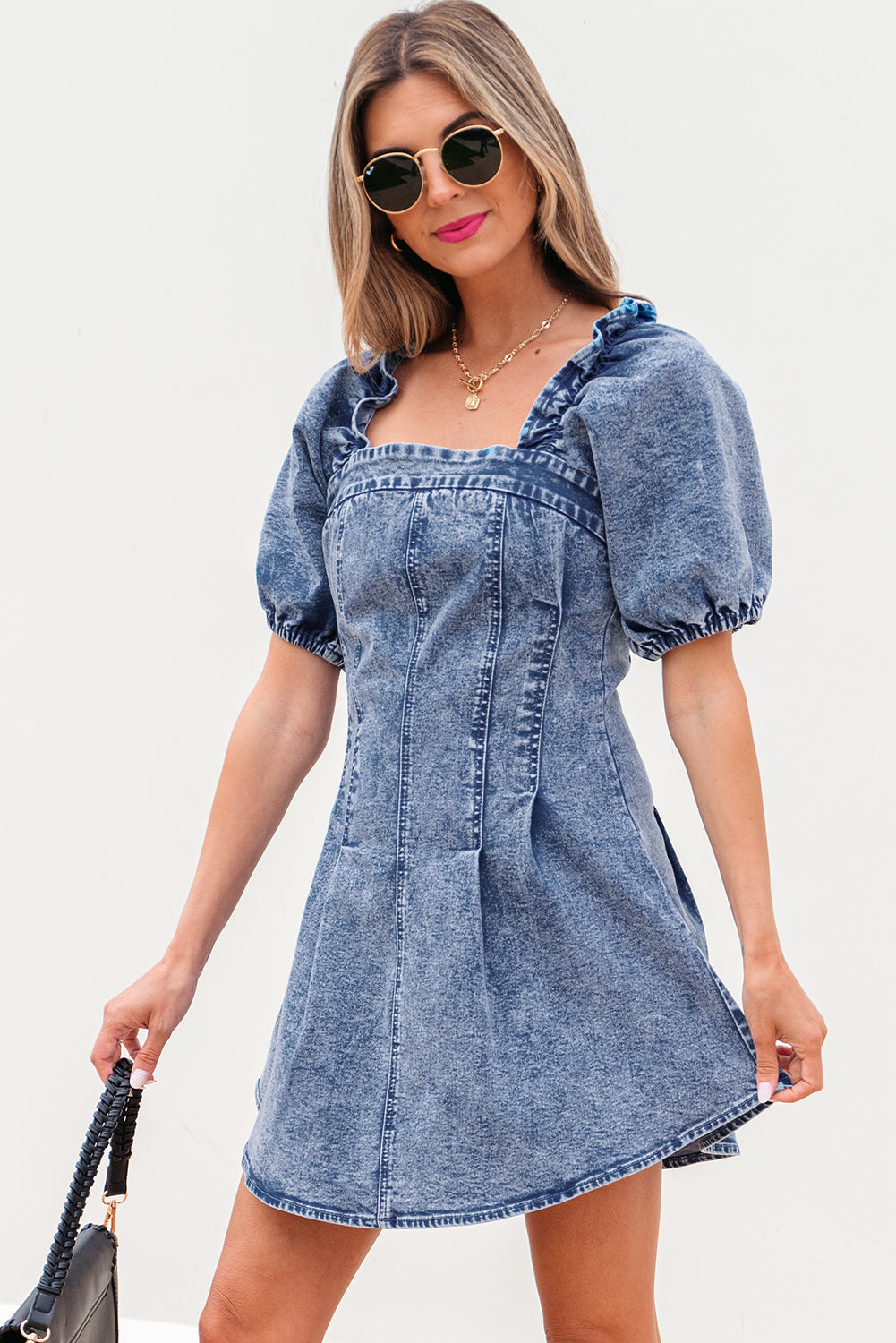Celia Square Neck Bustier Puff Sleeve Short Denim Dress-3