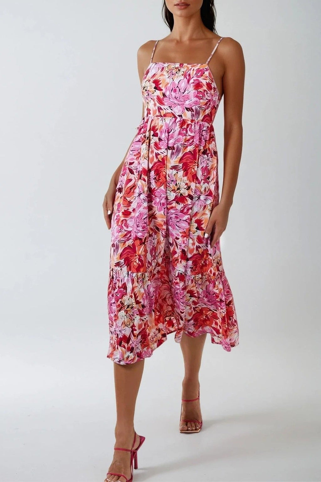 Pink Floral Cami Midi Dress With Cut Out Back-2