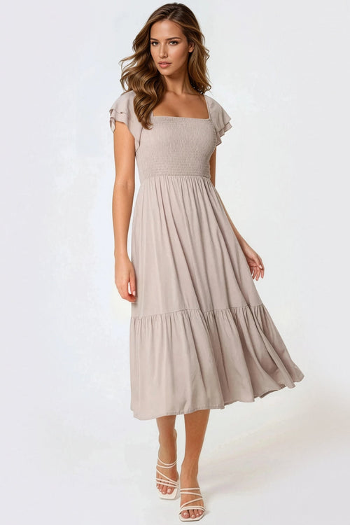 Beige Smock Midi Dress-0