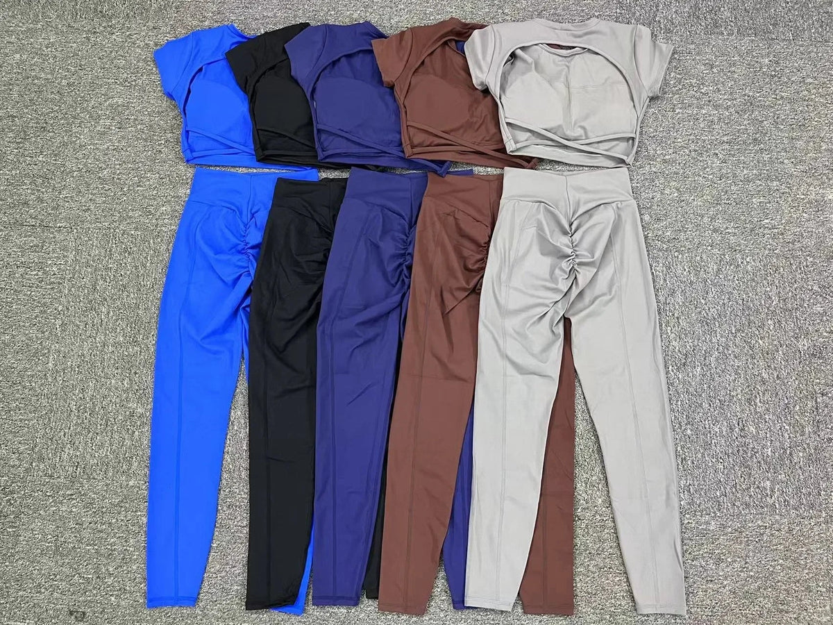 Cross Backless Sporty Set Women 2 Piece Sportswear Short Sleeve Training Suit for Fitness Yoga Wear Female Gym Workout Clothes