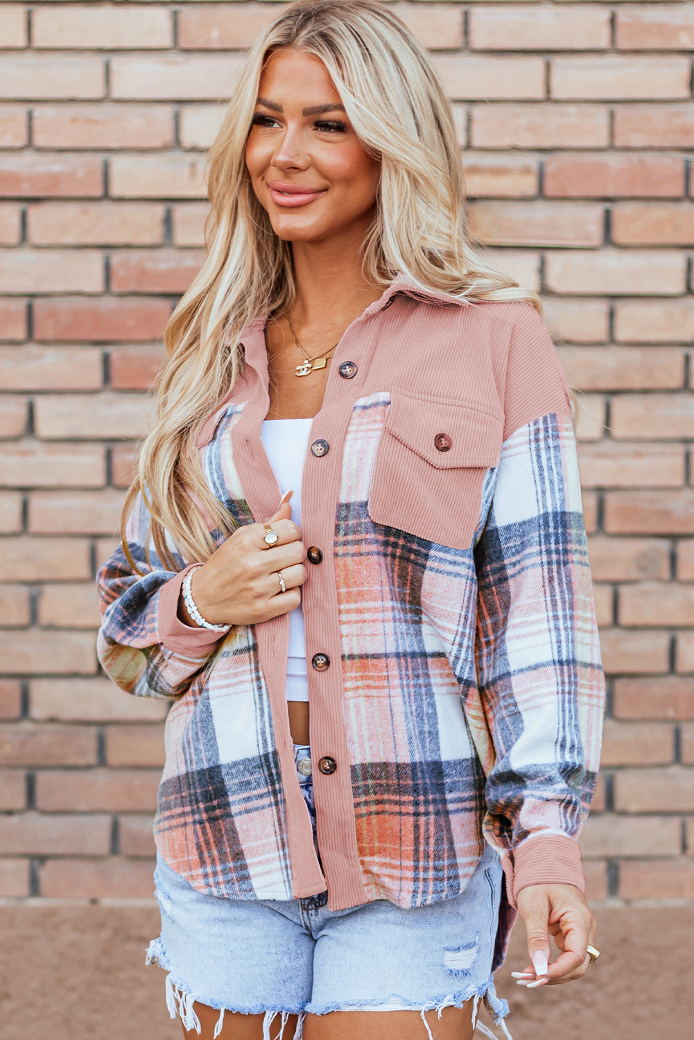 Nancy Plaid Corduroy Patchwork Shacket-3