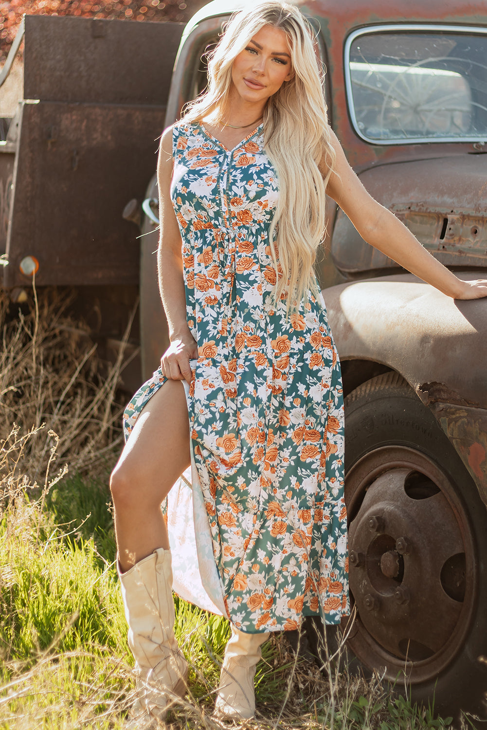 Kara Floral Tie Waist Sleeveless Holiday Long Dress-0