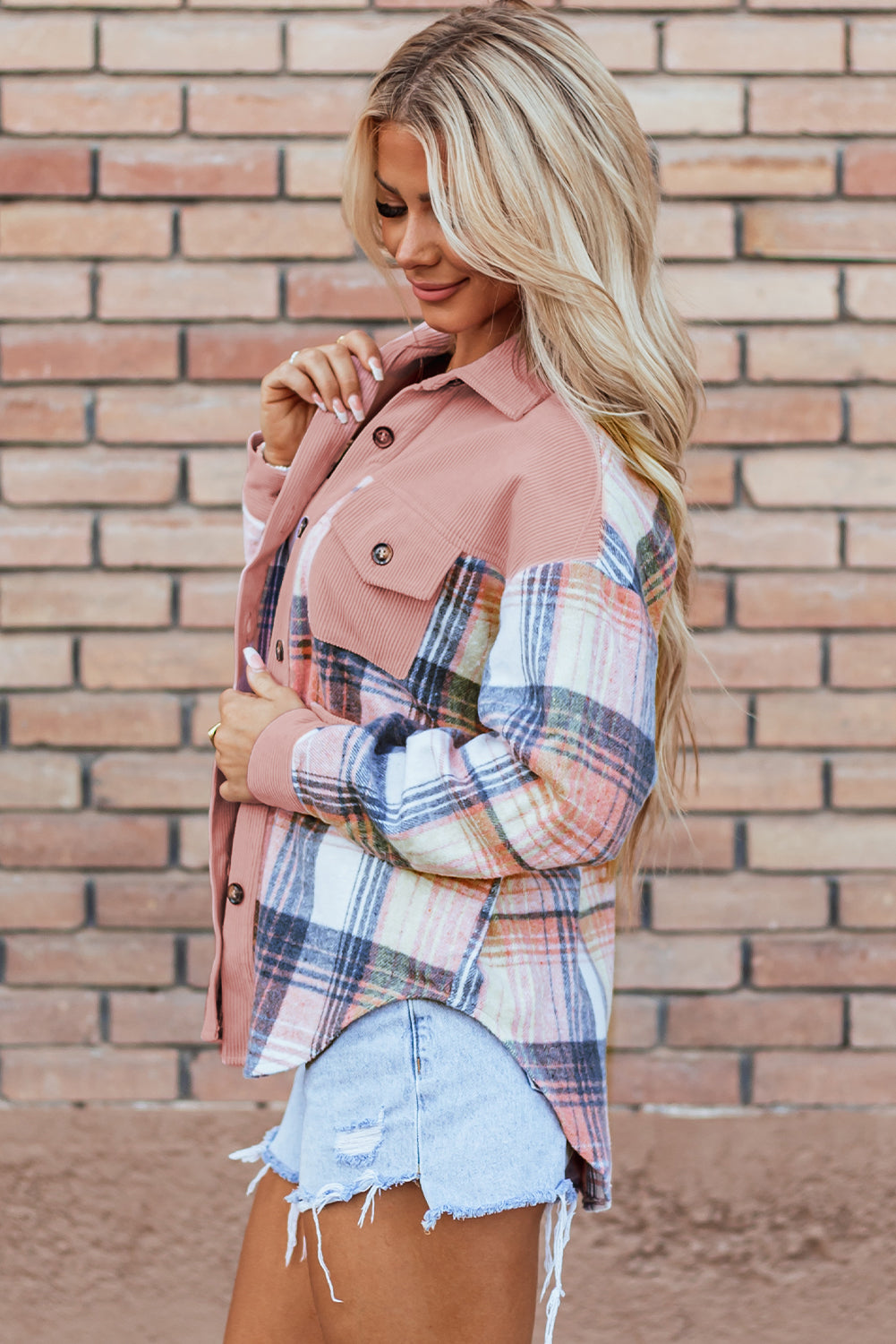 Nancy Plaid Corduroy Patchwork Shacket-2