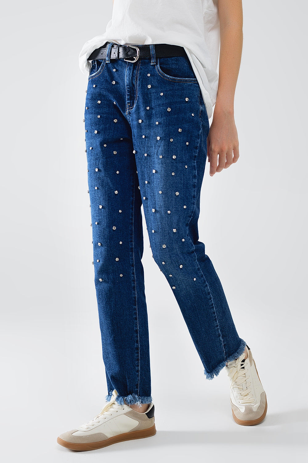 Straight Leg Jeans With Rhinestones  in Blue