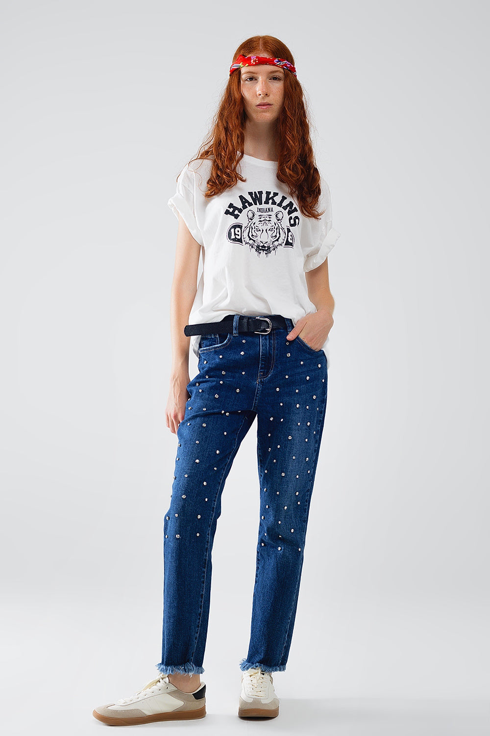 Straight Leg Jeans With Rhinestones  in Blue