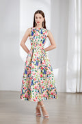 Floral Sleeveless Boatneck Flared A Line Midi Dress-0