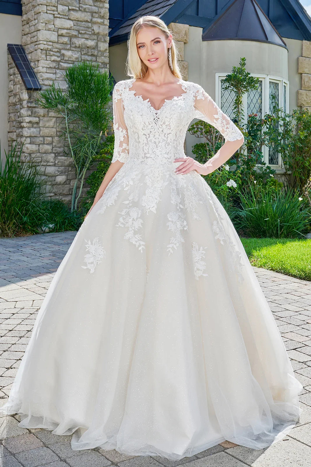 Wedding dresses/ivory cream embroidered glitter mesh v neck wedding gown with one half sleeve