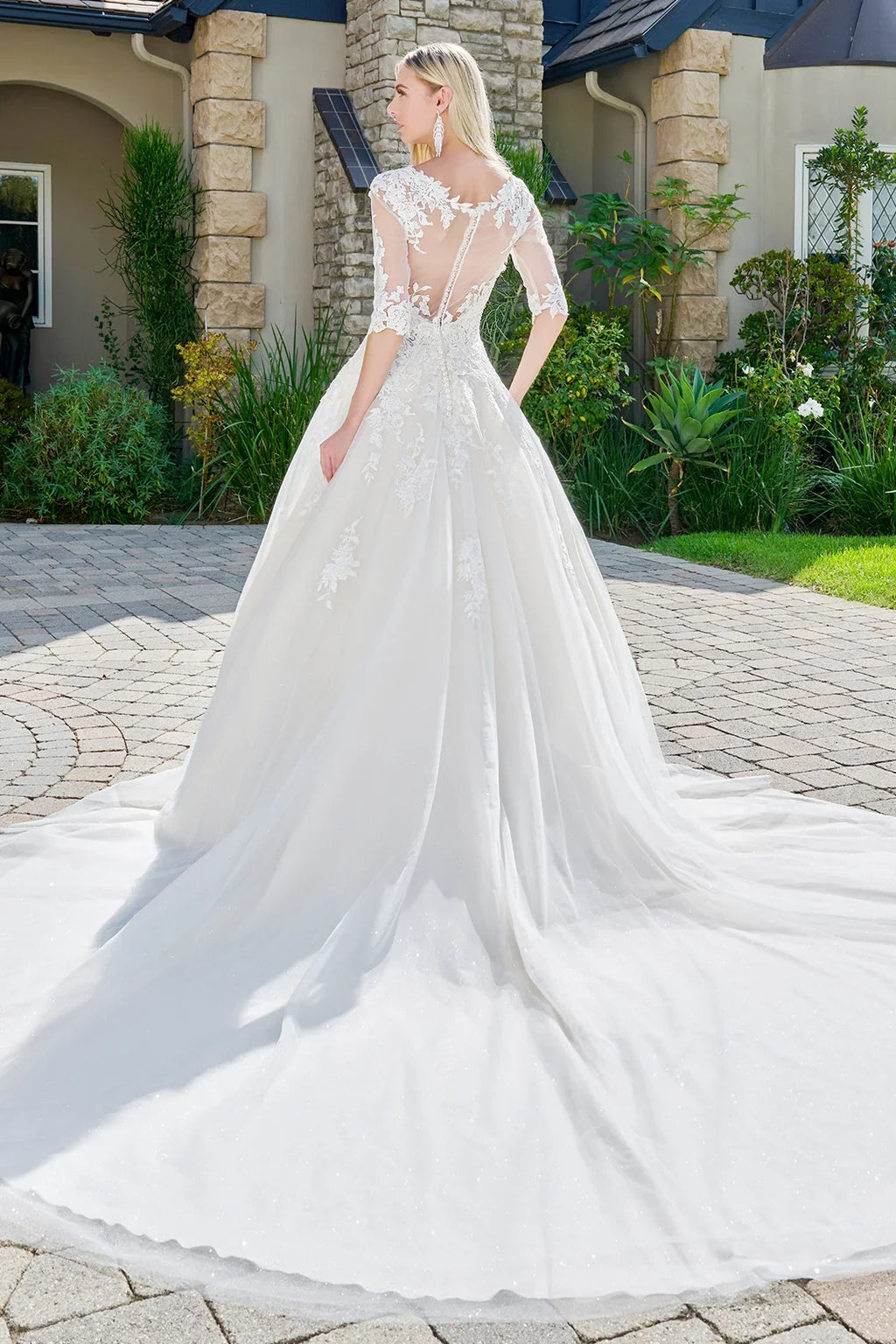 Wedding dresses/ivory cream embroidered glitter mesh v neck wedding gown with one half sleeve