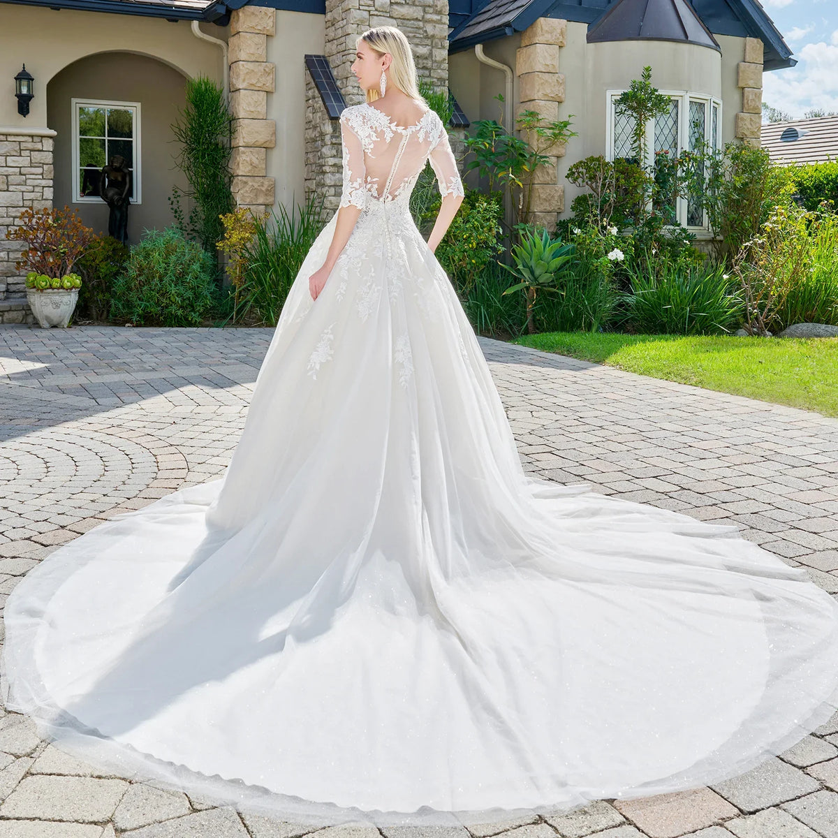 Wedding dresses/ivory cream embroidered glitter mesh v neck wedding gown with one half sleeve