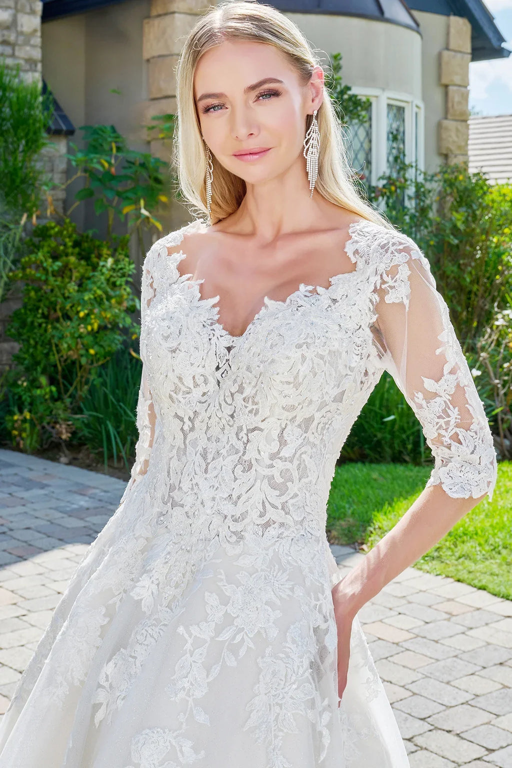Wedding dresses/ivory cream embroidered glitter mesh v neck wedding gown with one half sleeve