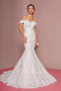 Cut-Away Shoulder Embroidered Mesh Mermaid Wedding Dress