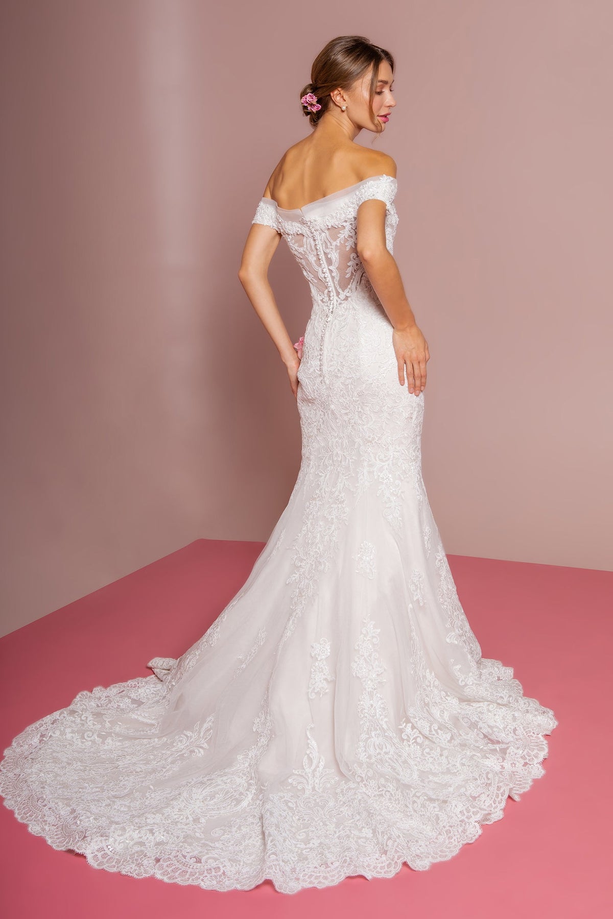 Cut-Away Shoulder Embroidered Mesh Mermaid Wedding Dress