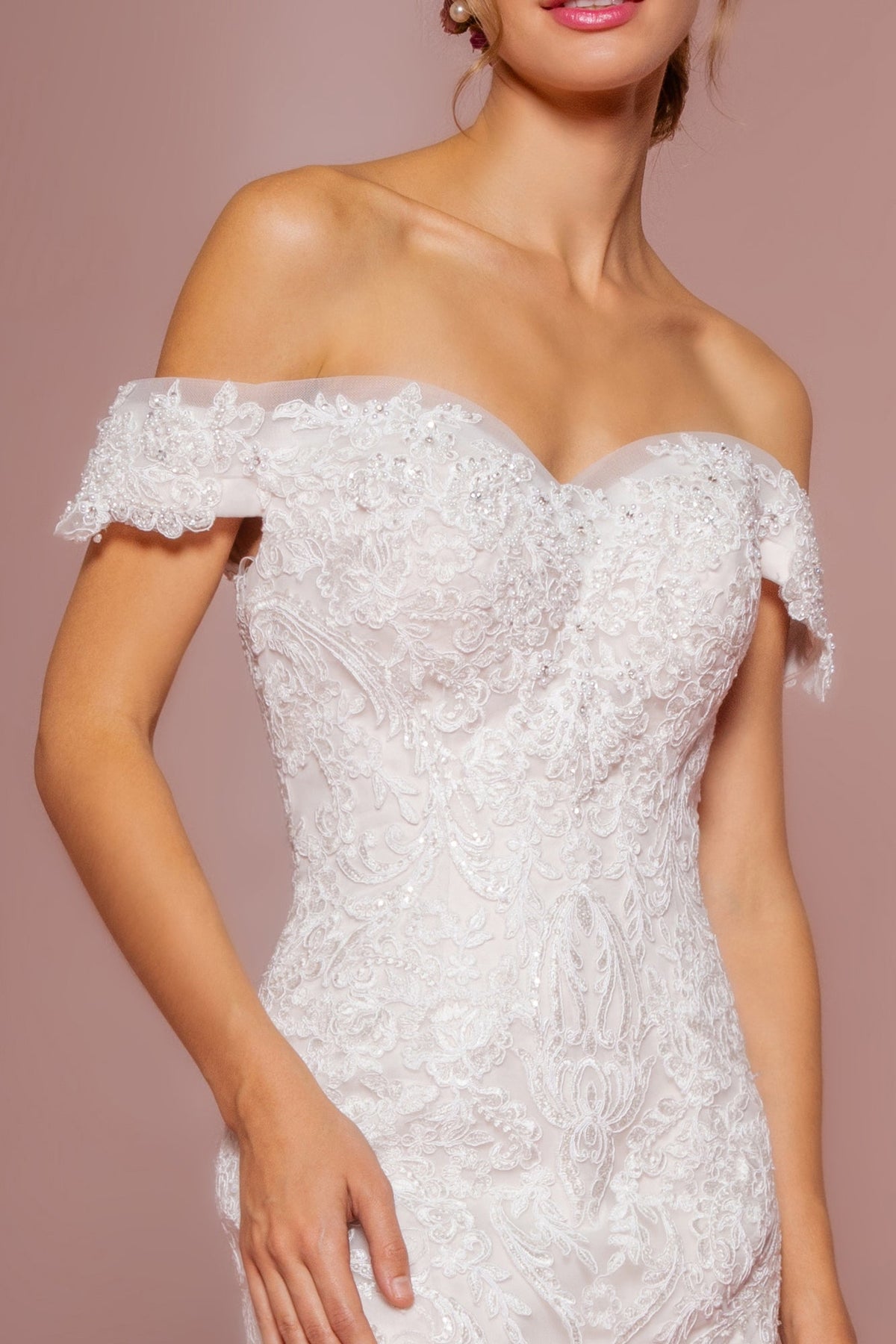 Cut-Away Shoulder Embroidered Mesh Mermaid Wedding Dress