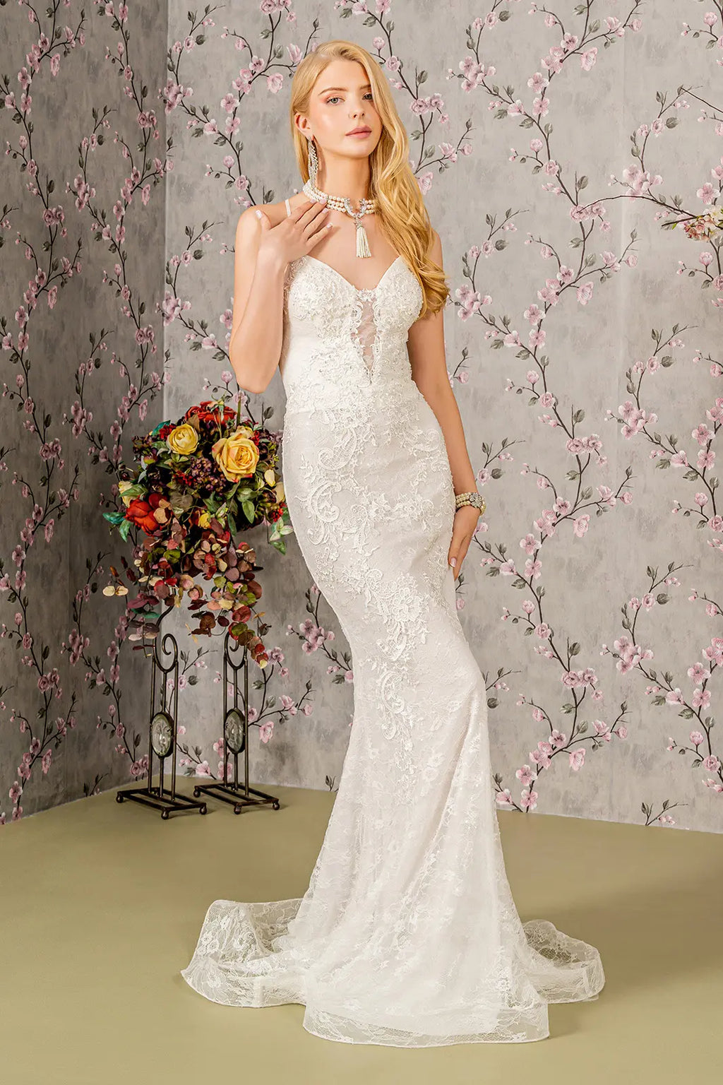 Floral embroidery illusion sweetheart lace mermaid wedding gown