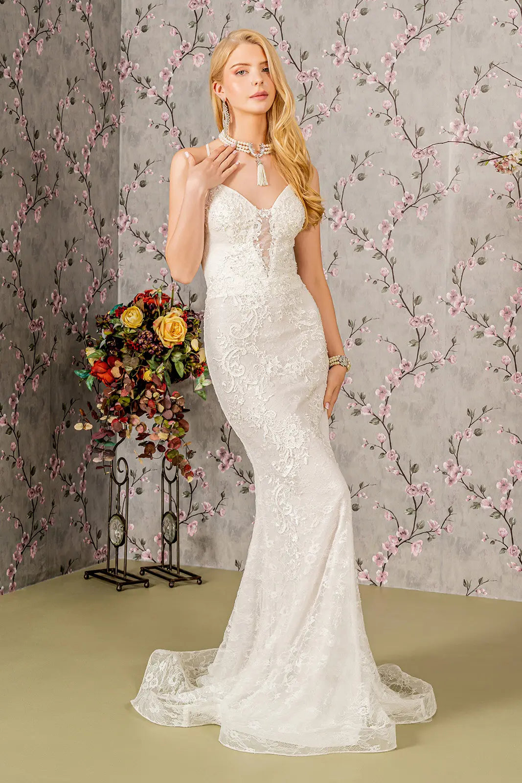 Floral embroidery illusion sweetheart lace mermaid wedding gown