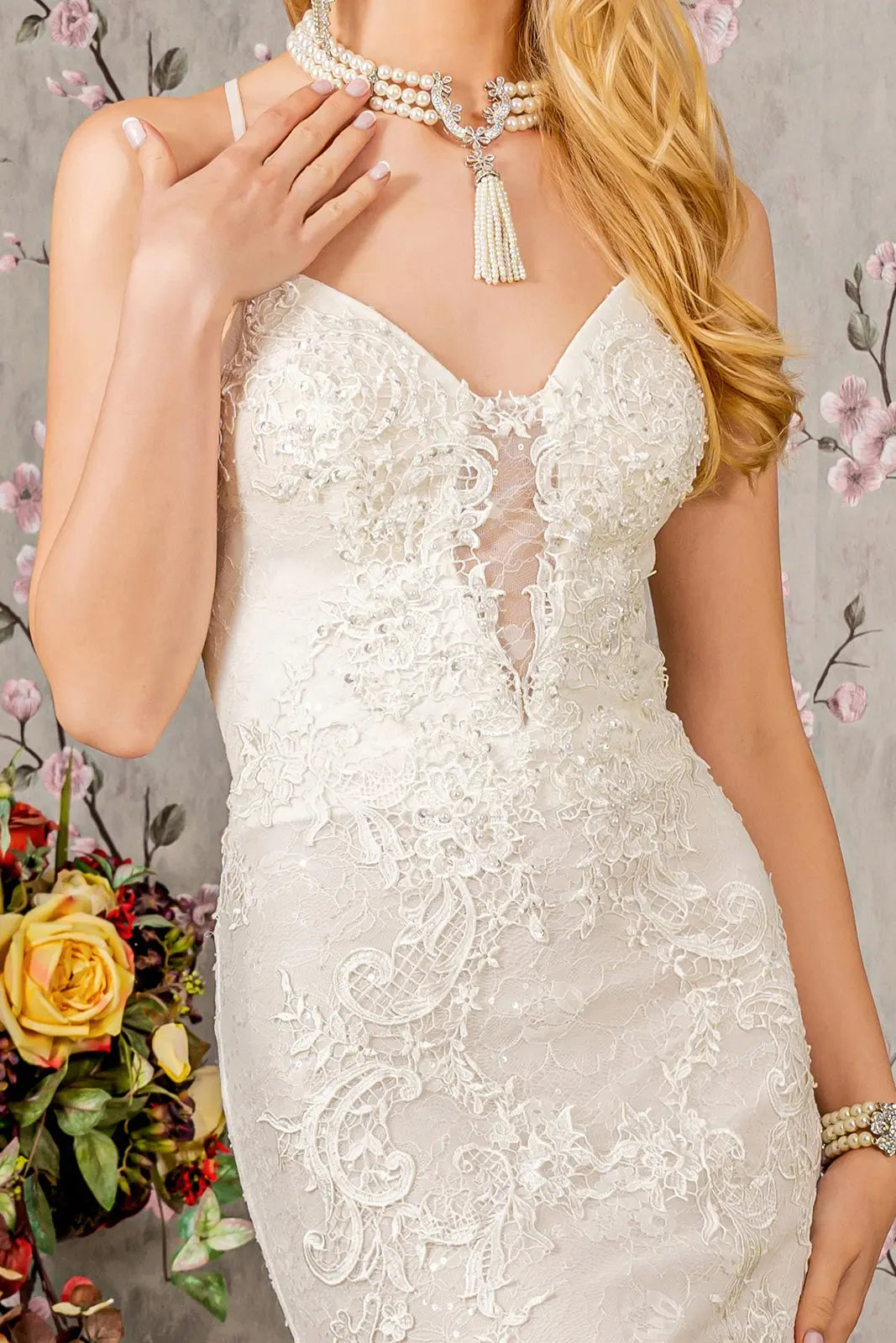 Floral embroidery illusion sweetheart lace mermaid wedding gown