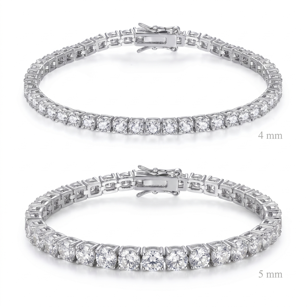 Comparison of silver plated tennis bracelets in 4 mm and 5 mm widths