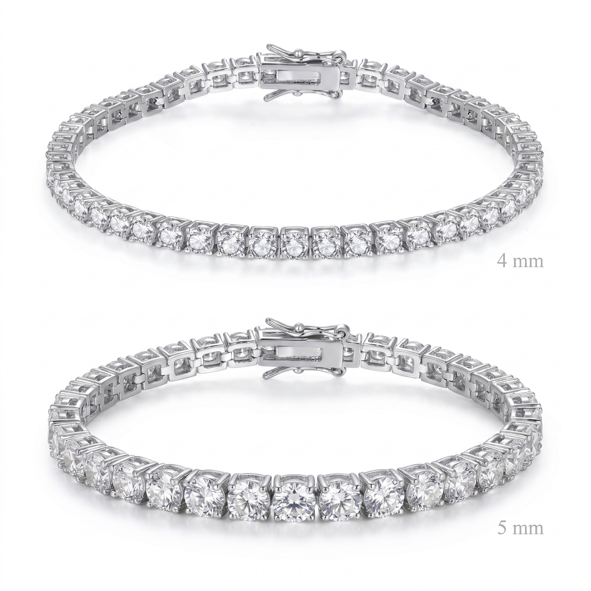Comparison of silver plated tennis bracelets in 4 mm and 5 mm widths