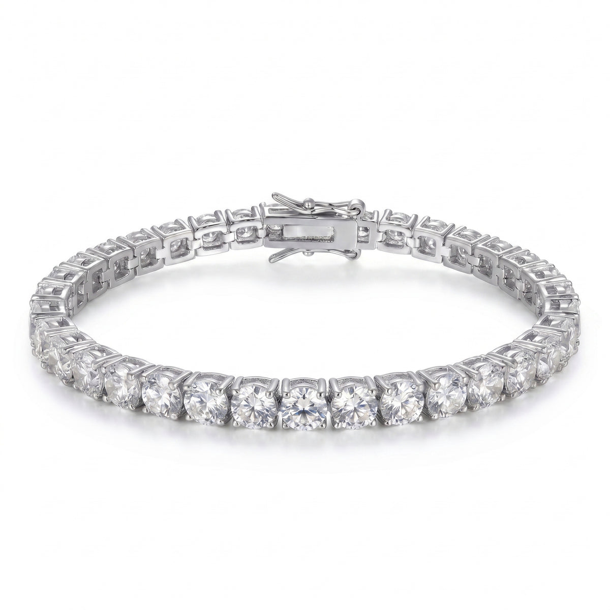 Close up of silver plated tennis bracelet with cubic zirconia stones