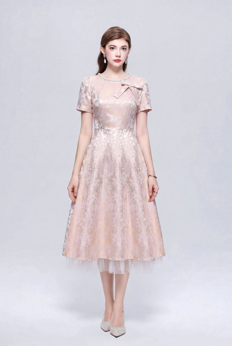 Metallic Jacquard Midi Dress with Pearl Bow Neckline and Tulle Hem-4