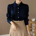 Pearl Button Long Sleeve Shirt with Puffed Sleeves