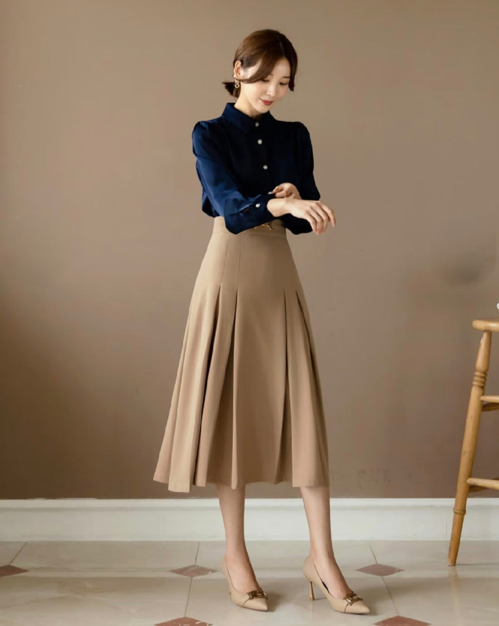 Pearl Button Long Sleeve Shirt with Puffed Sleeves