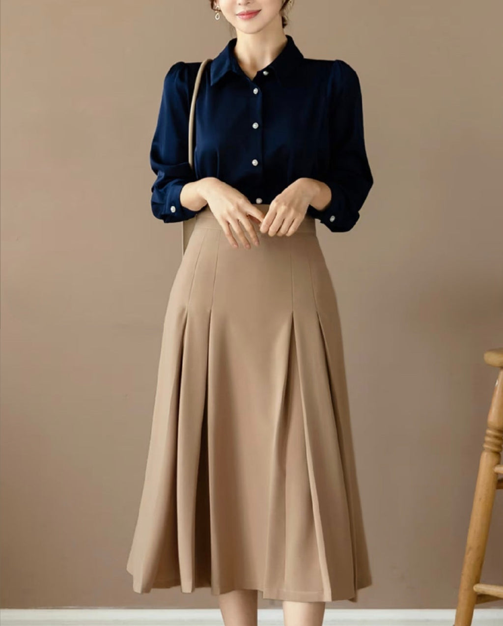 Pearl Button Long Sleeve Shirt with Puffed Sleeves