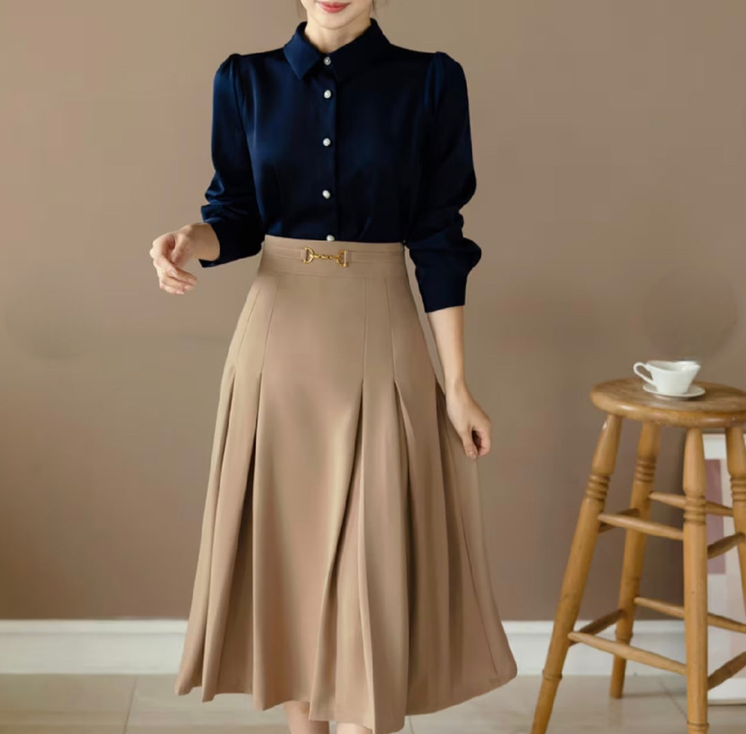Pearl Button Long Sleeve Shirt with Puffed Sleeves