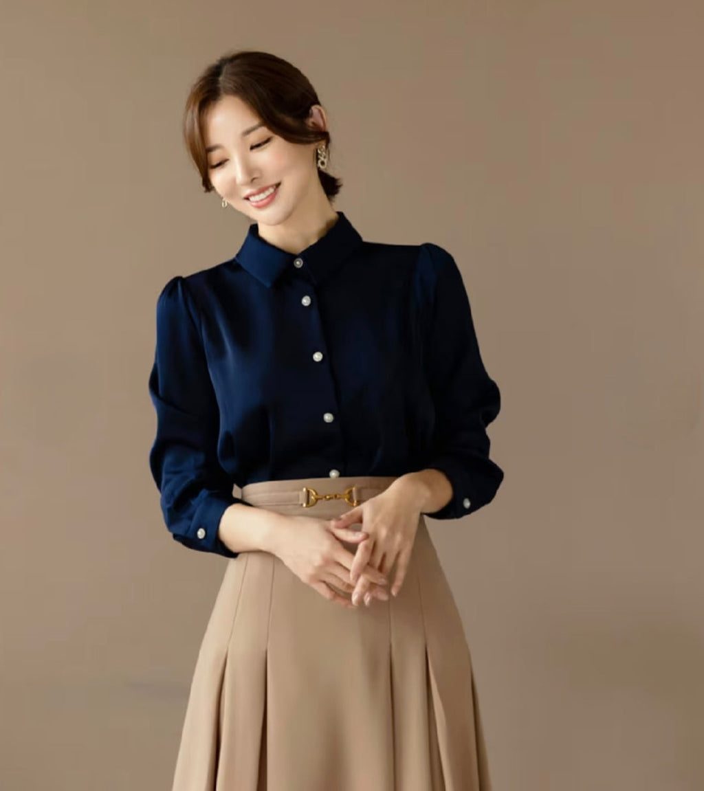 Pearl Button Long Sleeve Shirt with Puffed Sleeves