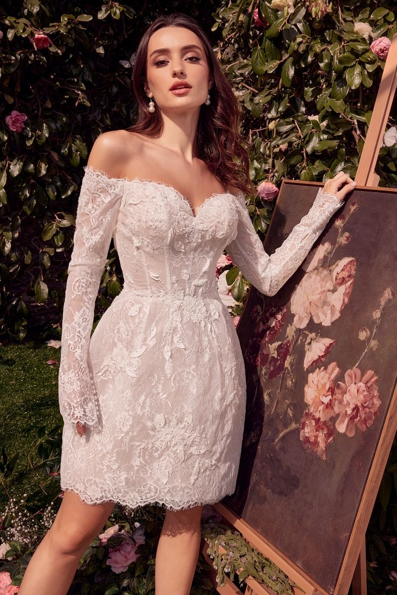 Off Shoulder Mini Wedding Gown w/ Long Sleeves & Floral Lace Design