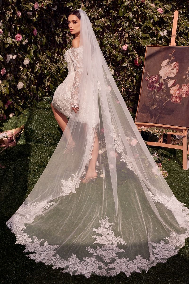 Off Shoulder Mini Wedding Gown w/ Long Sleeves & Floral Lace Design