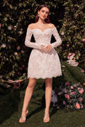 Off Shoulder Mini Wedding Gown w/ Long Sleeves & Floral Lace Design