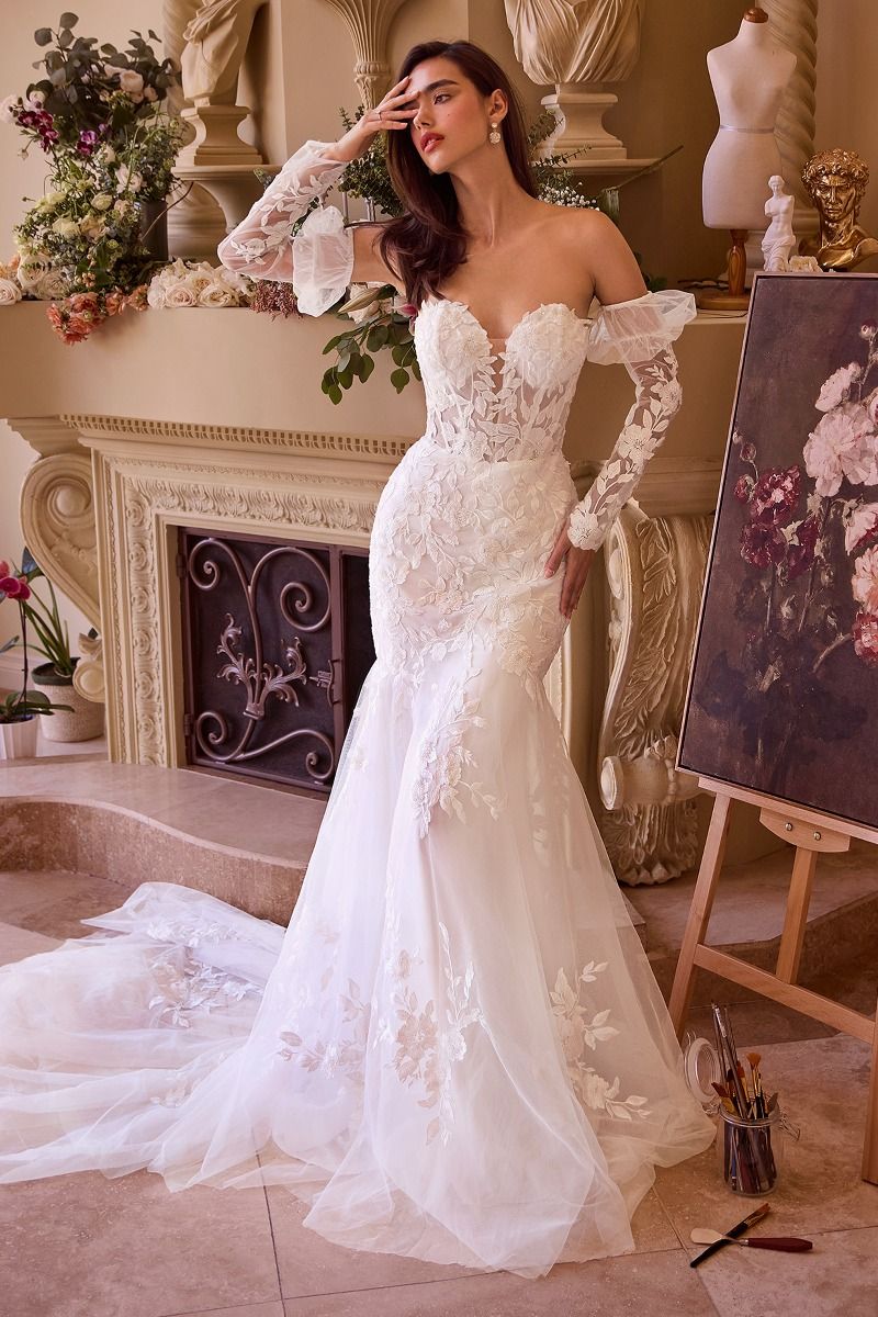 Off-Shoulder Floral Lace Embellihsed Wedding Dress with Detachable Sleeves & Chapel