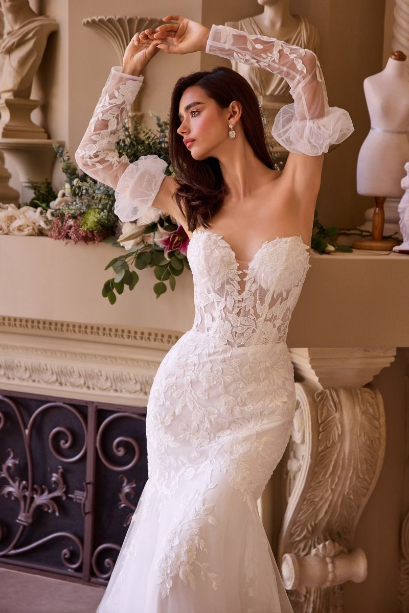 Off-Shoulder Floral Lace Embellihsed Wedding Dress with Detachable Sleeves & Chapel