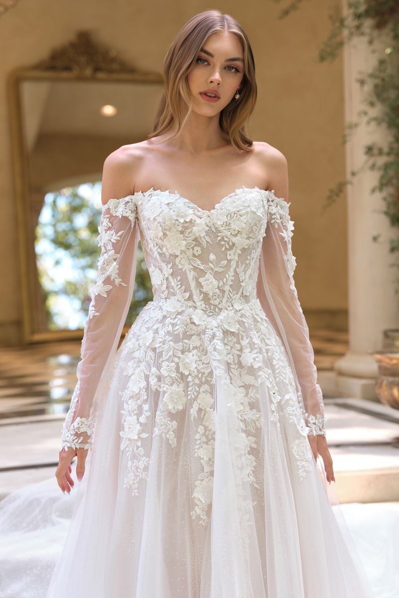 Floral Applique Embellished Tulle Wedding Gown w/ Sheer Long Sleeves