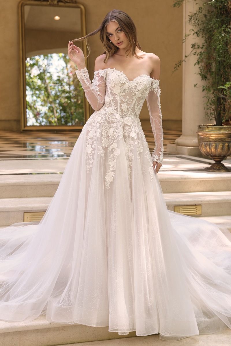Floral Applique Embellished Tulle Wedding Gown w/ Sheer Long Sleeves