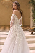 Floral Applique Embellished Tulle Wedding Gown w/ Sheer Long Sleeves