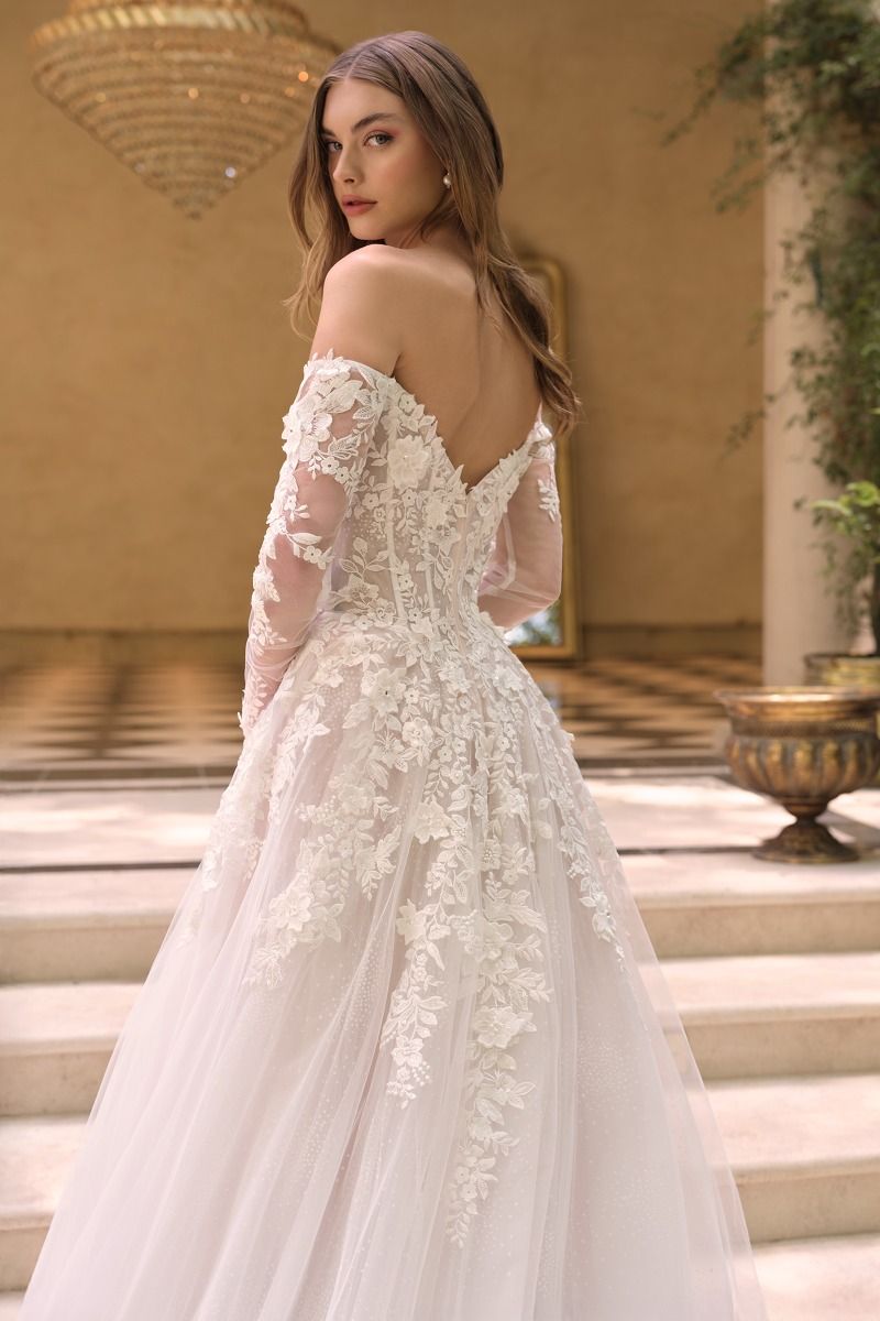 Floral Applique Embellished Tulle Wedding Gown w/ Sheer Long Sleeves