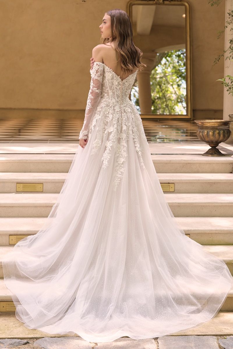 Floral Applique Embellished Tulle Wedding Gown w/ Sheer Long Sleeves