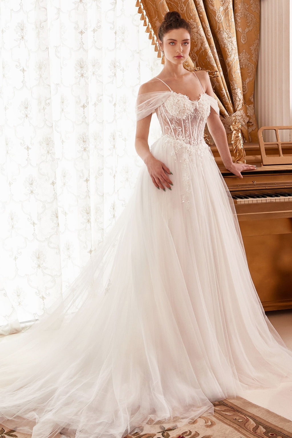 Off-Shoulder Corset Tulle Wedding Gown with Draped Sleeves and Train