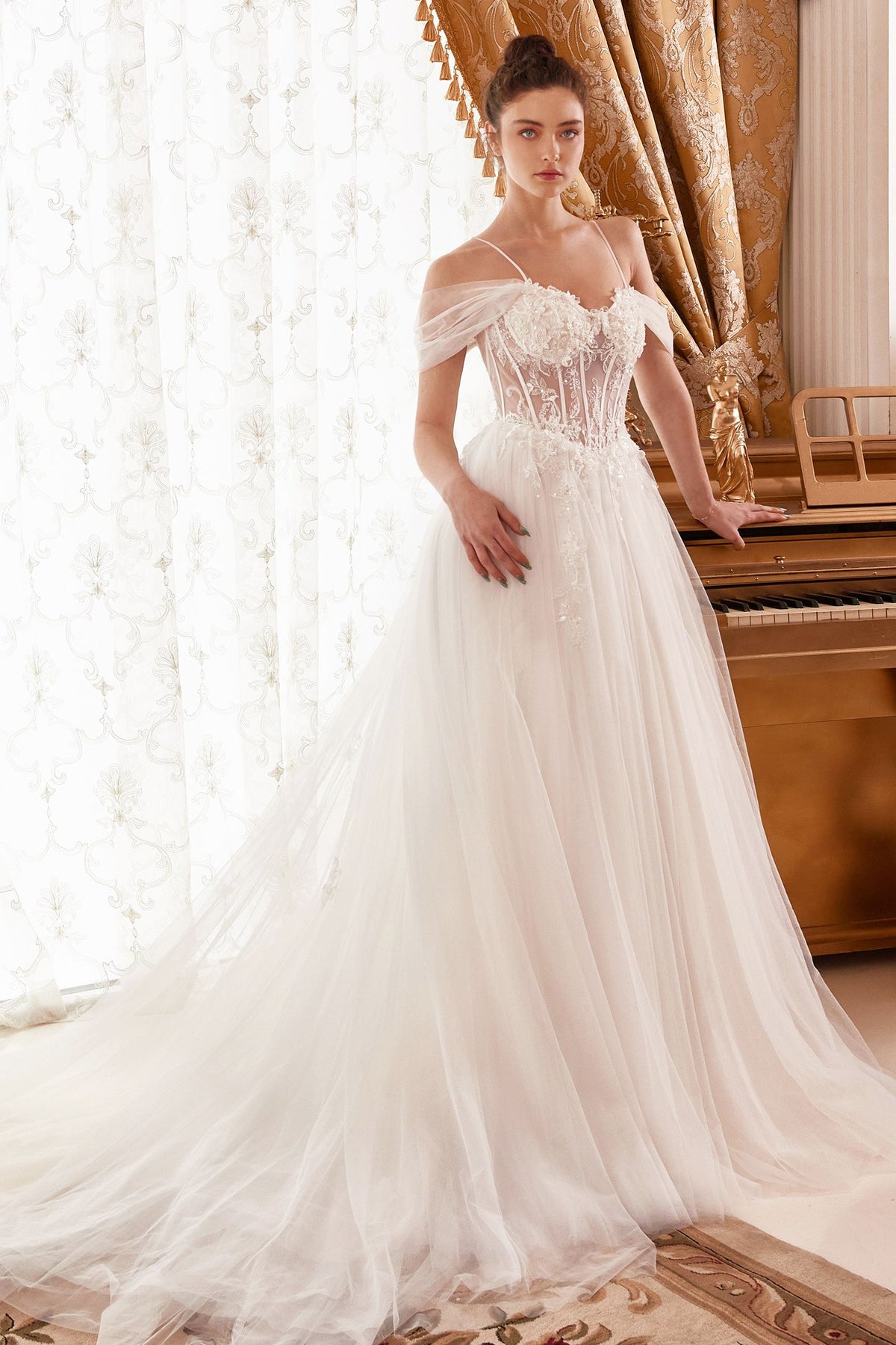 Off-Shoulder Corset Tulle Wedding Gown with Draped Sleeves and Train