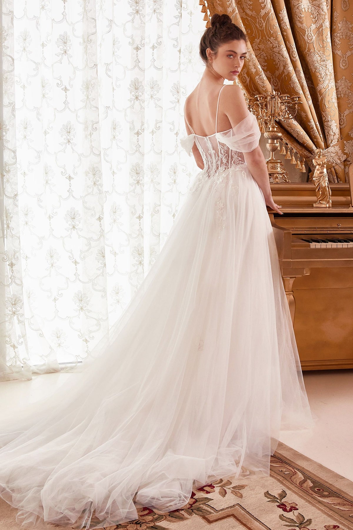 Off-Shoulder Corset Tulle Wedding Gown with Draped Sleeves and Train