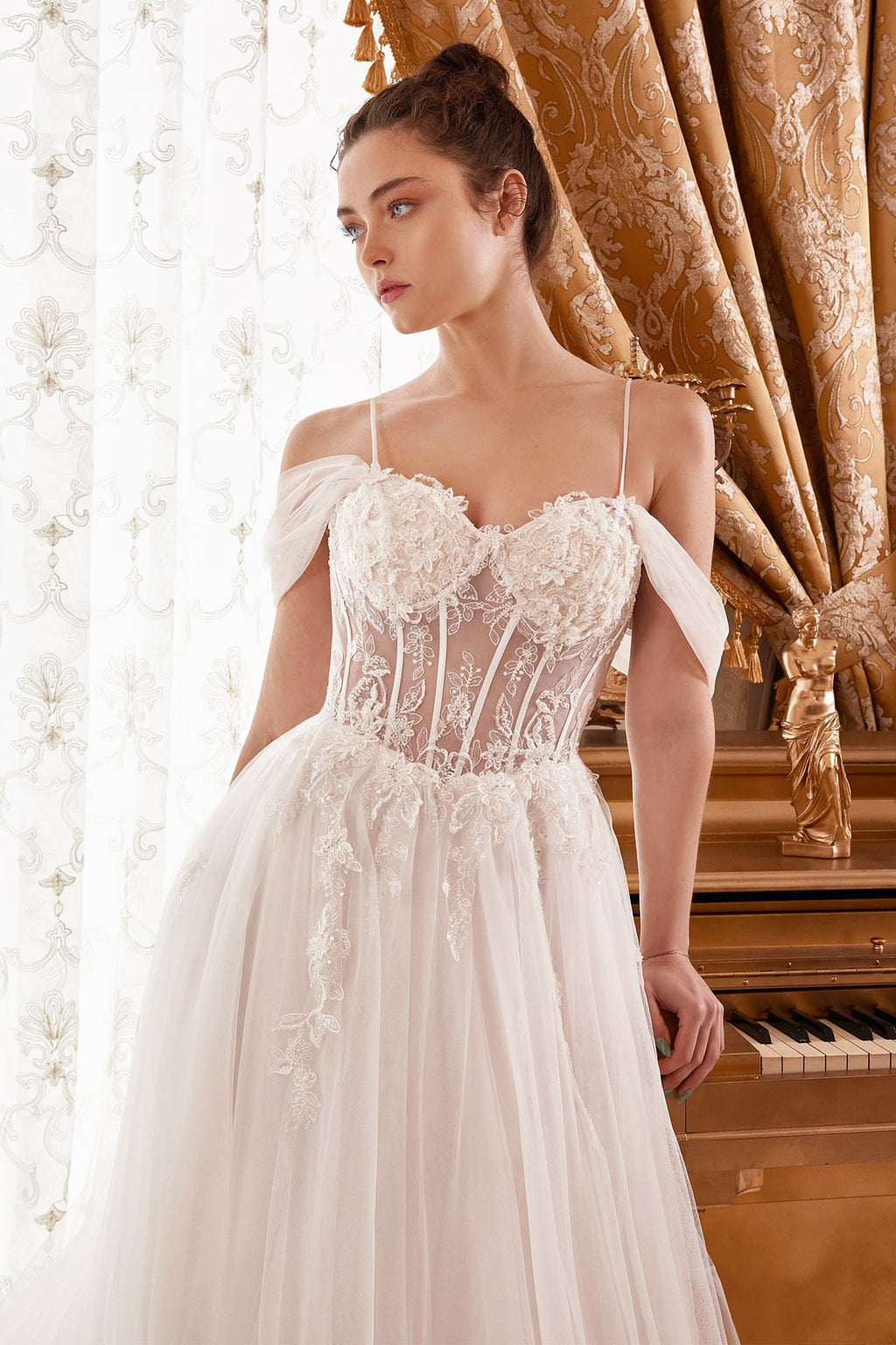 Off-Shoulder Corset Tulle Wedding Gown with Draped Sleeves and Train