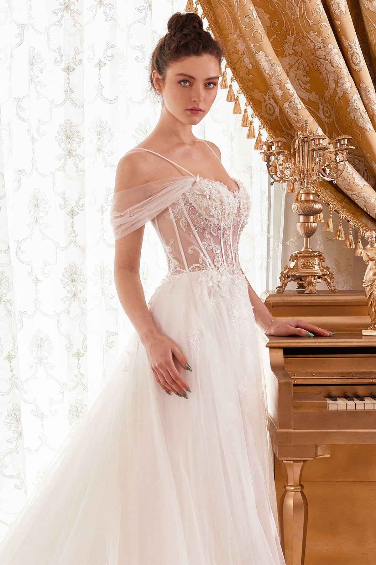 Off-Shoulder Corset Tulle Wedding Gown with Draped Sleeves and Train